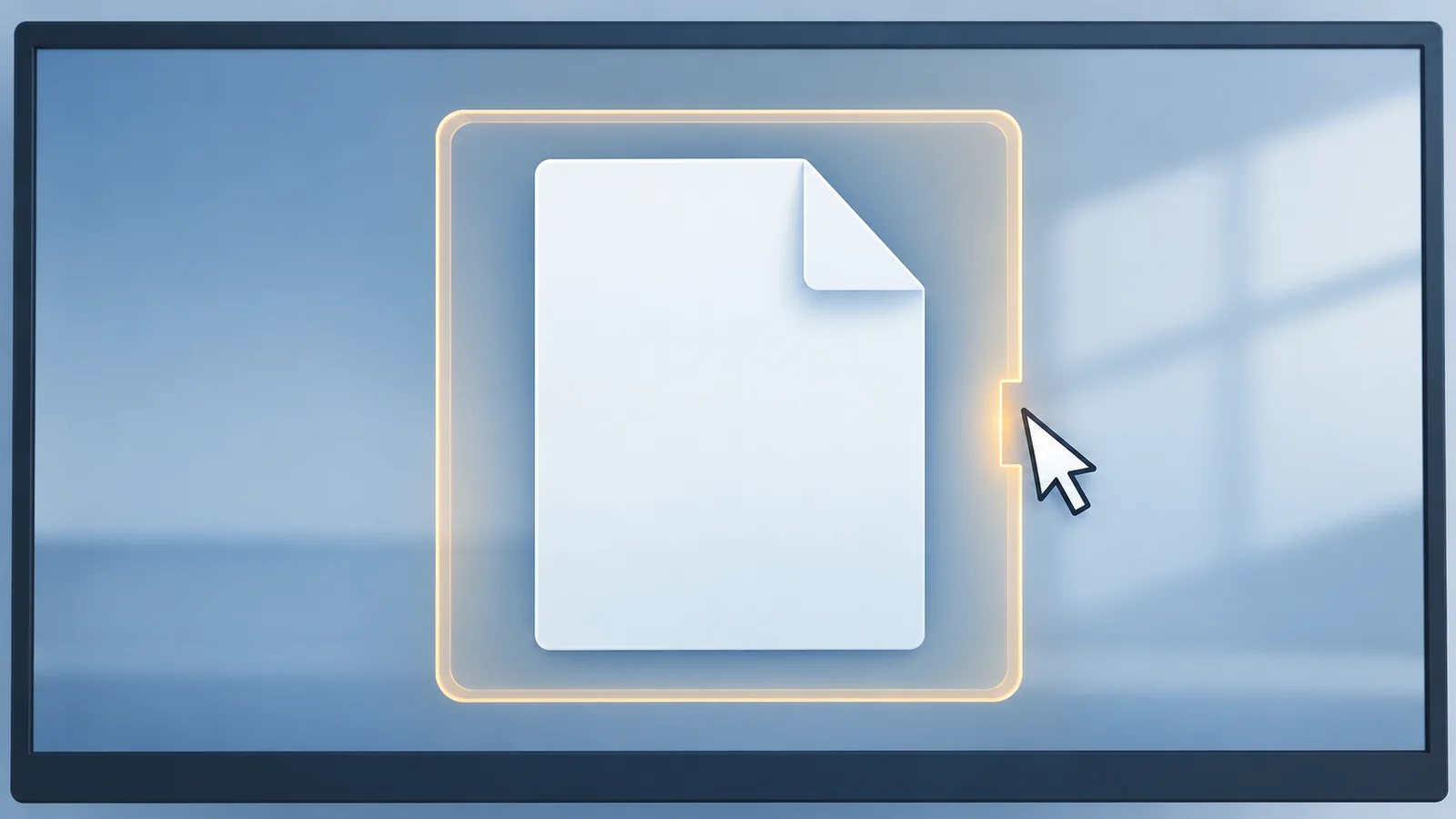 A selected document on a Windows-like desktop sits inside a parted security warning frame.