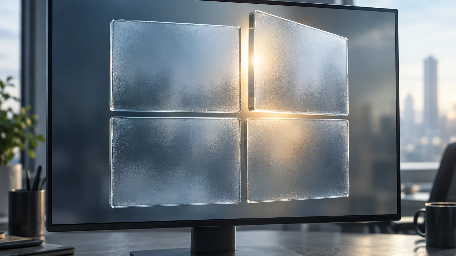 A four-pane desktop window on a monitor, with light slipping through one partly open pane; an editorial depiction of the Windows Shell bypass.