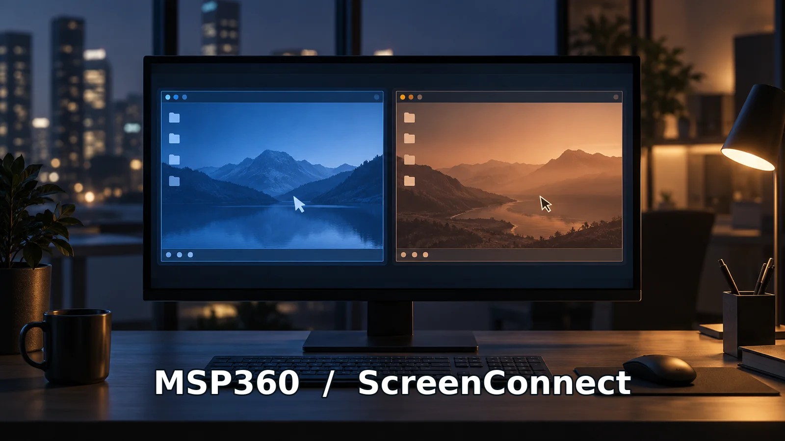 Office workstation with two remote-support sessions, labeled MSP360 and ScreenConnect.