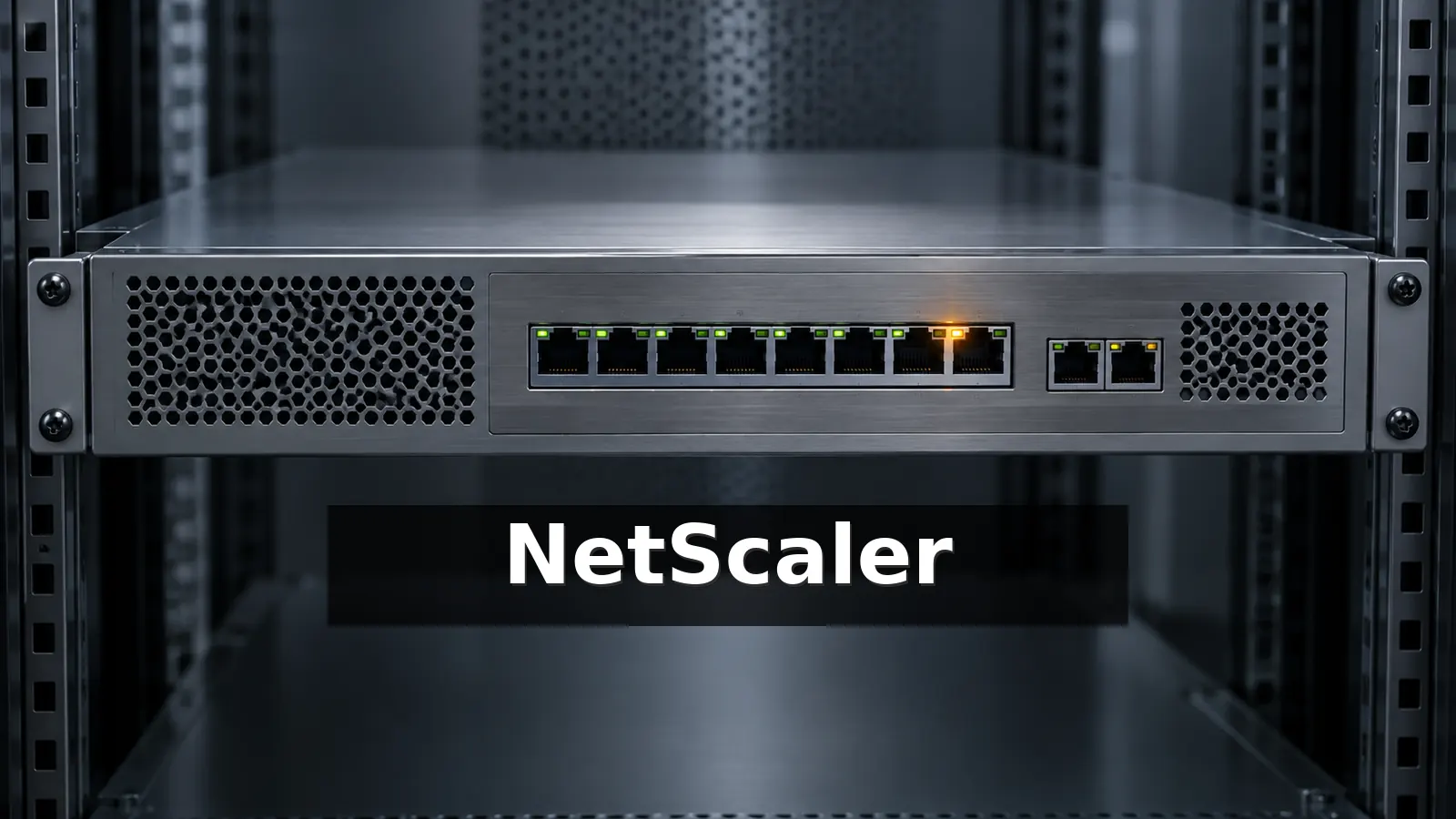Editorial depiction of a network appliance in a server rack with a NetScaler identifier and a warm warning light near its ports.