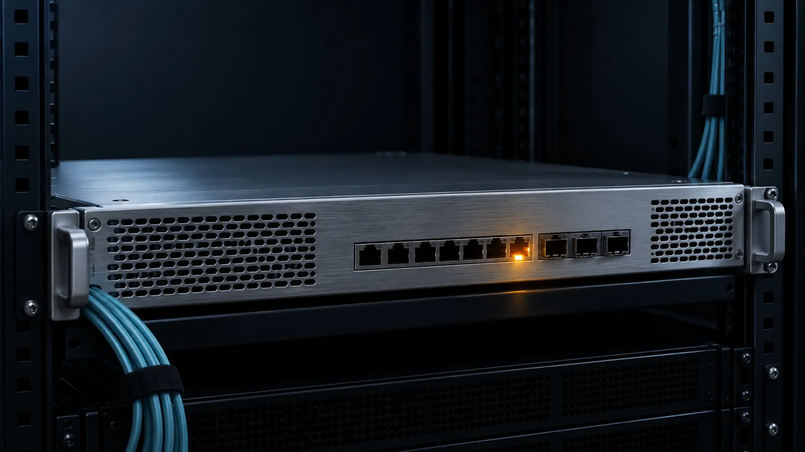 A network gateway appliance in a dark server rack, with one port glowing amber. Editorial depiction.