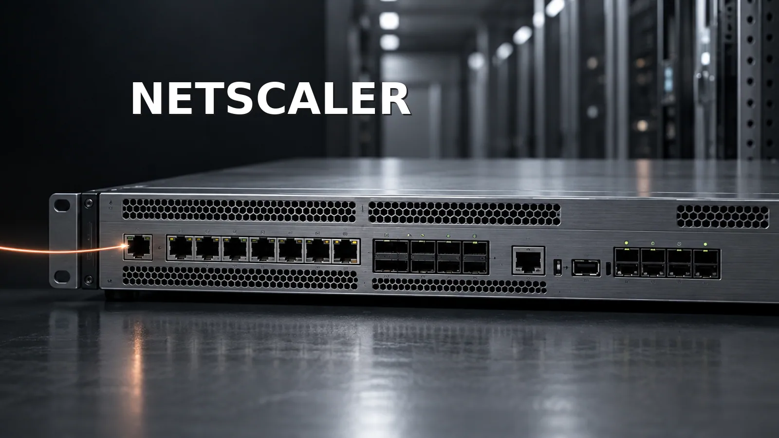 Gray rack-mounted network gateway with a single incoming copper-colored connection and an editorial NetScaler label.