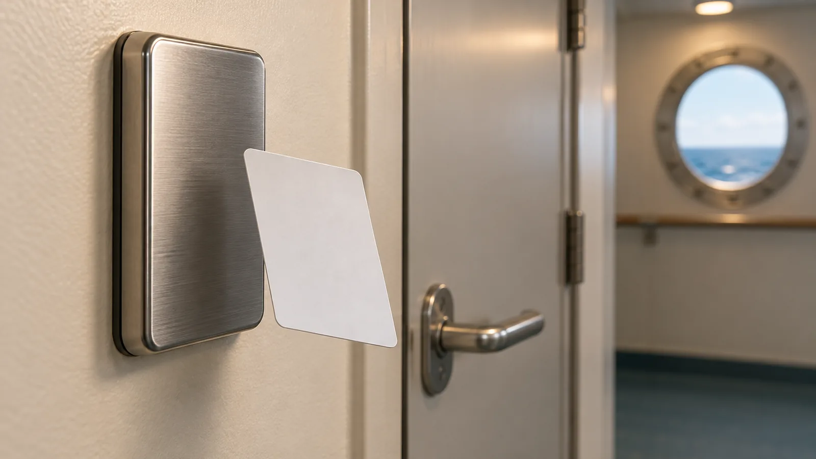 Illustration of a blank keycard beside a shipboard door reader and closed marine door.