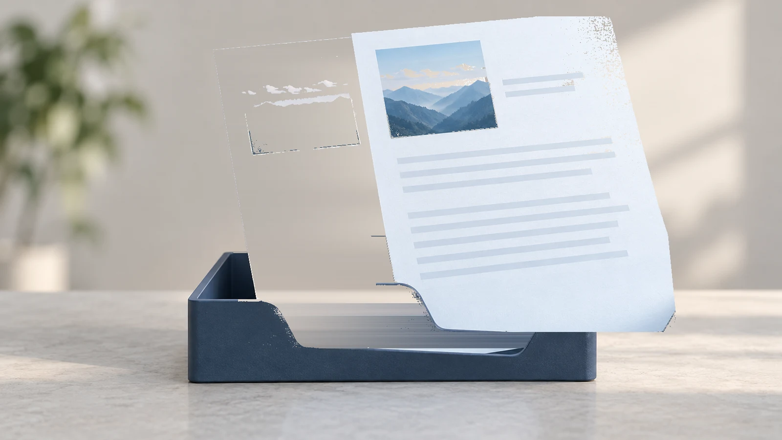 Illustration of a photo-bearing document slipping past the edge of a document tray.