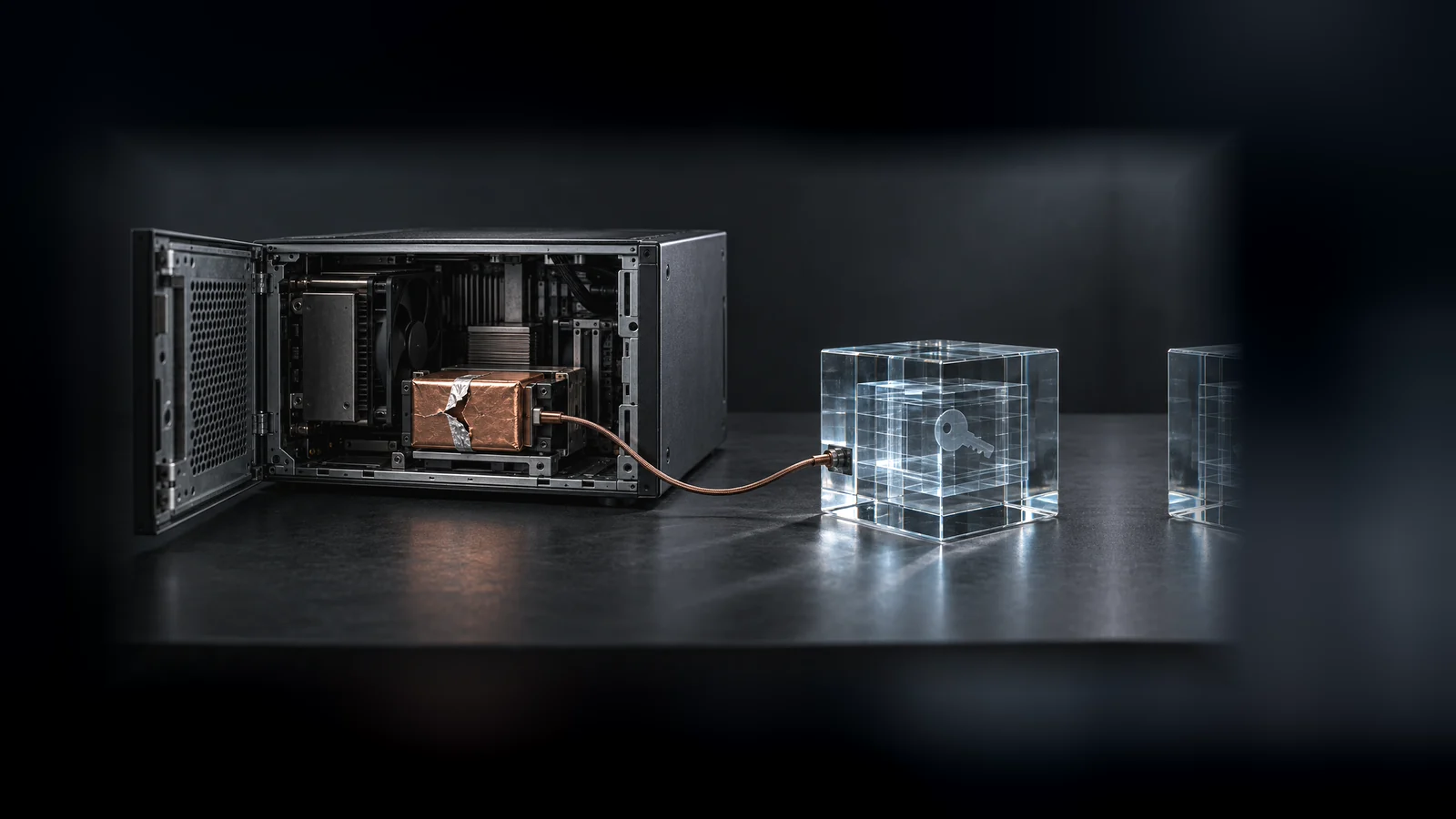 A tampered software module inside a build computer connects to a glass blockchain block on a dark workbench.
