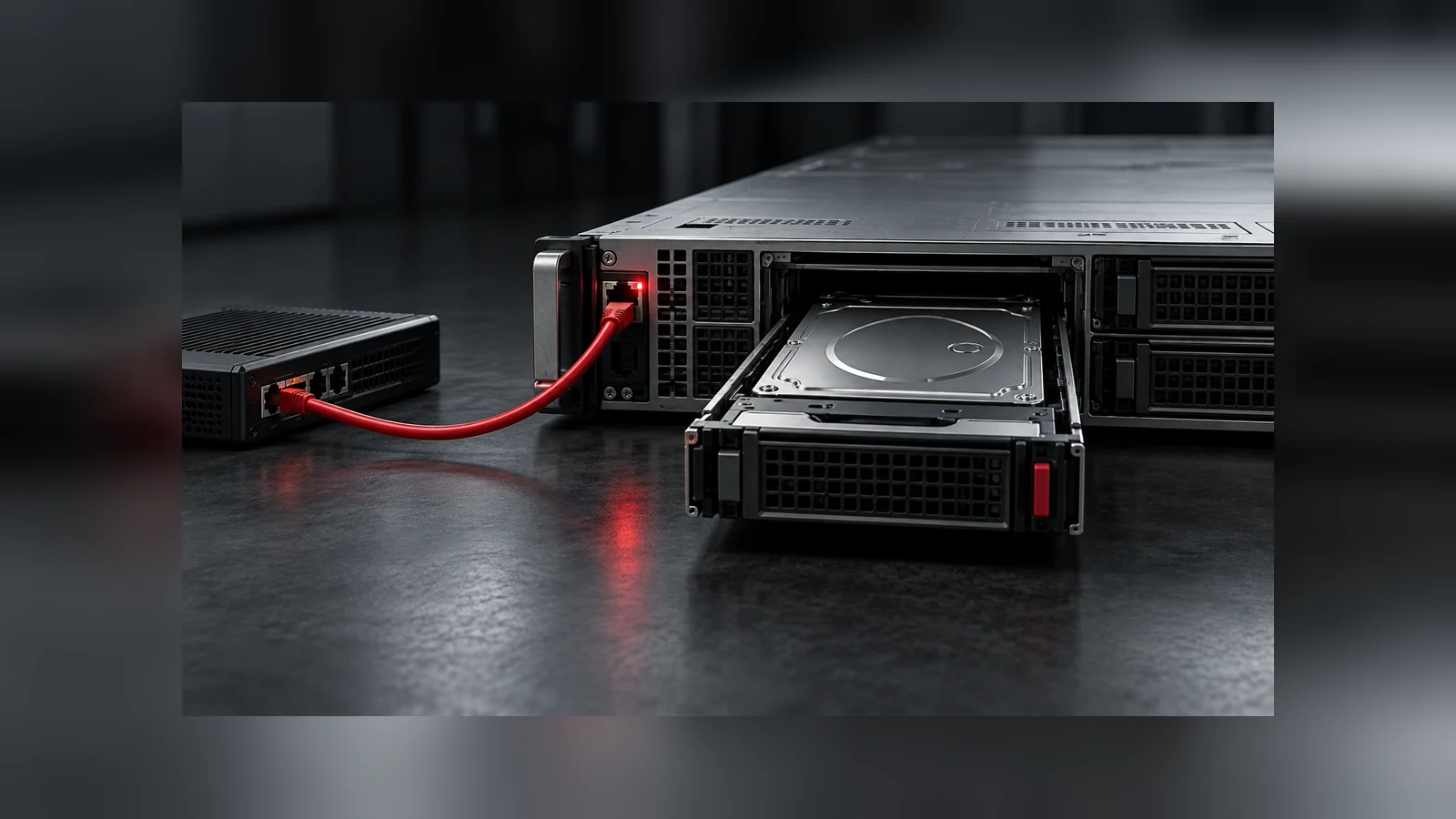 An edge VPN appliance connects by cable to a virtualization server with an exposed disk tray, an editorial depiction of the reported gateway-to-virtual-disk path.
