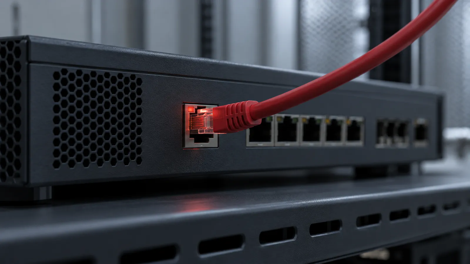 Editorial depiction of a cable plugged into the management jack of a firewall appliance.