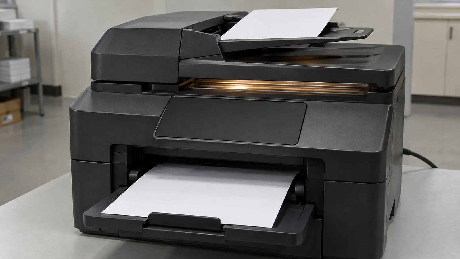 An office multifunction printer feeds a sheet through its scanner in a quiet print room.