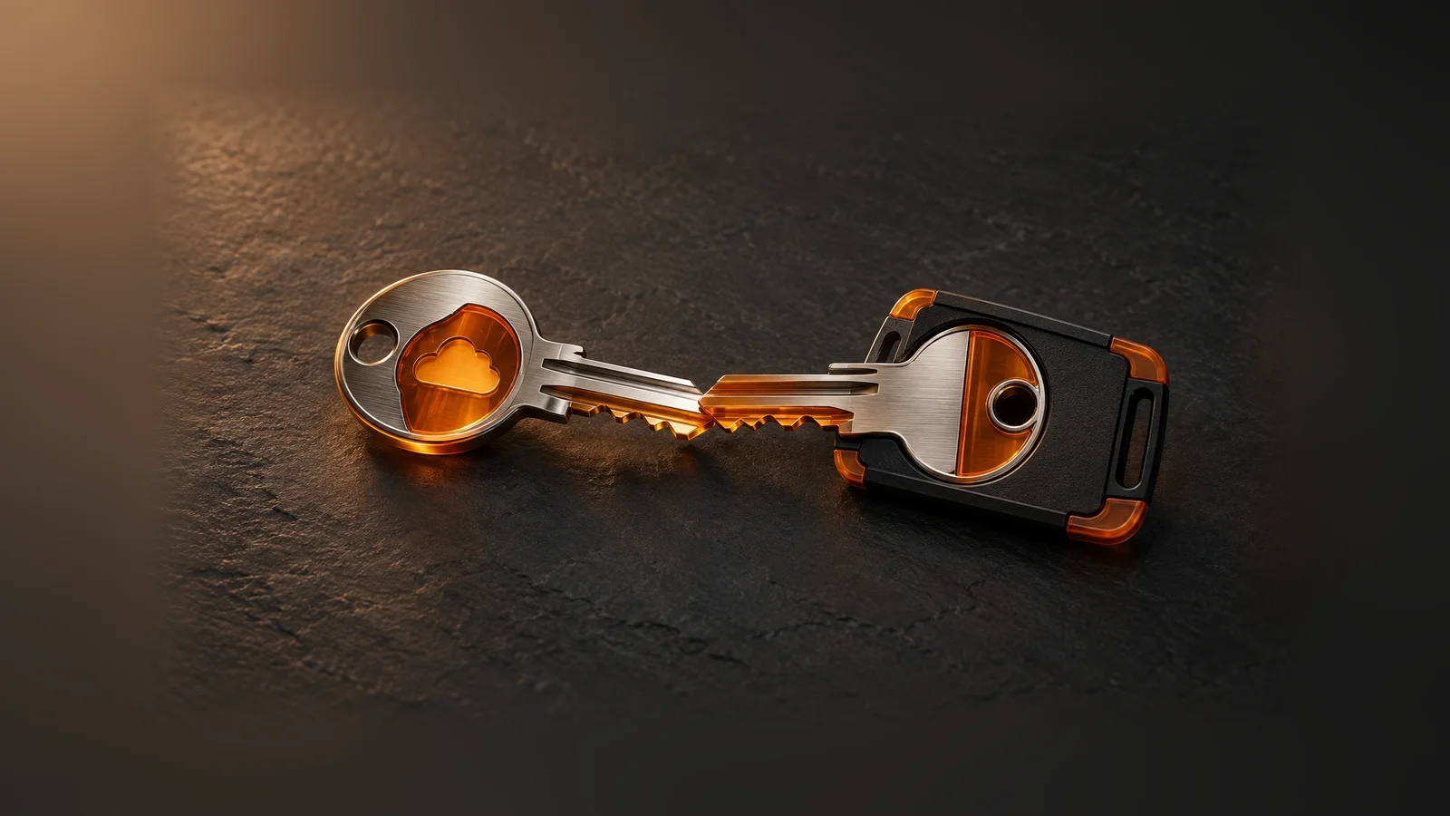 Two overlapping metal credential keys on a dark desk, with an orange cloud shape beside the first key.