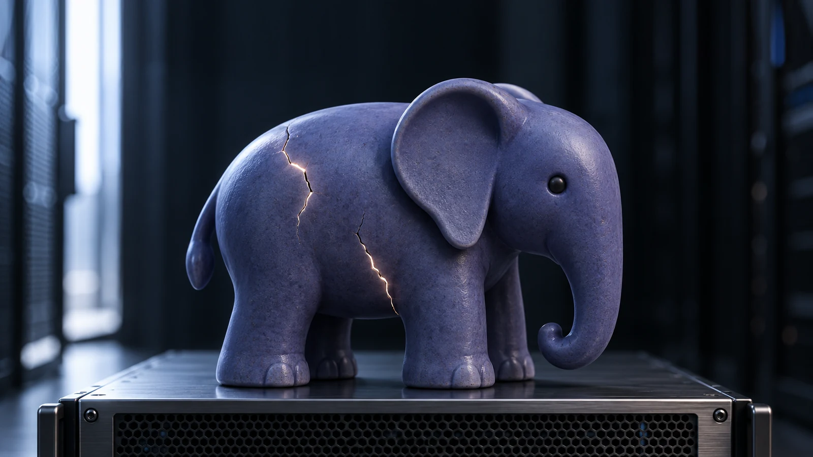A violet-blue elephant figurine on a web server has two thin cracks in its ceramic body.