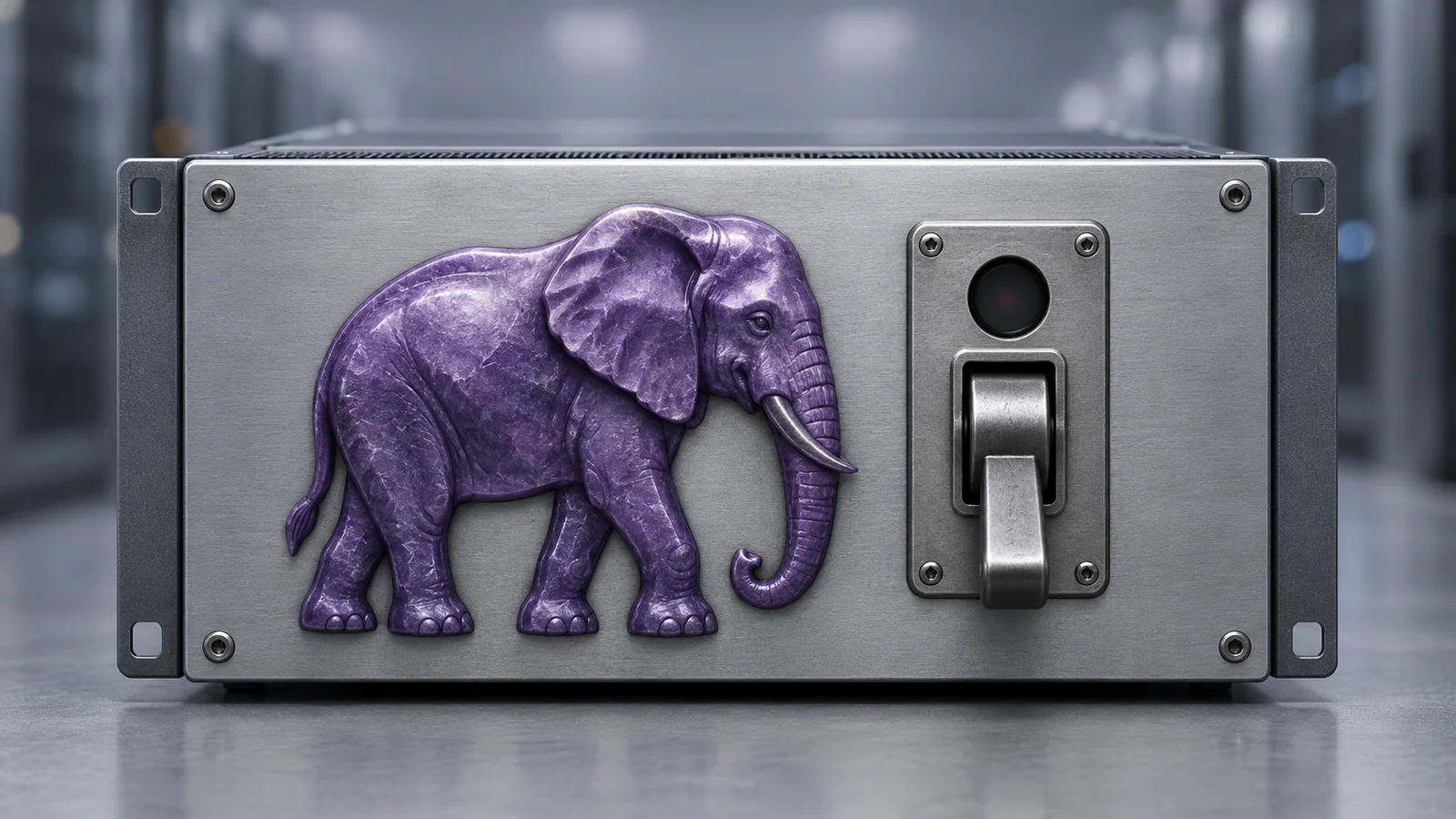Violet elephant relief on a server module beside a single switch in the off position.
