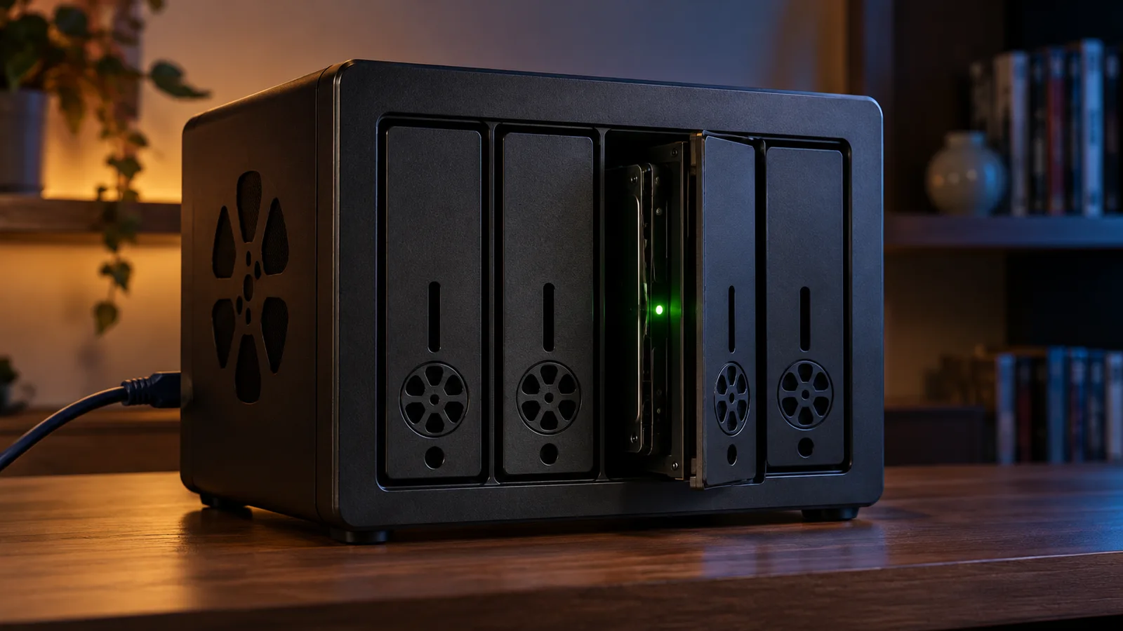 Illustration of a home media server NAS with an illuminated drive bay and a connected network cable.
