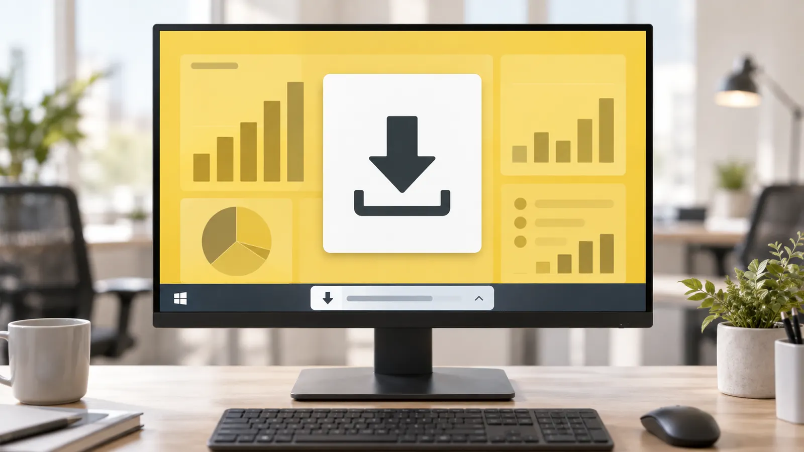 An illustrated yellow business report on a workstation with a prominent download card and arrow.