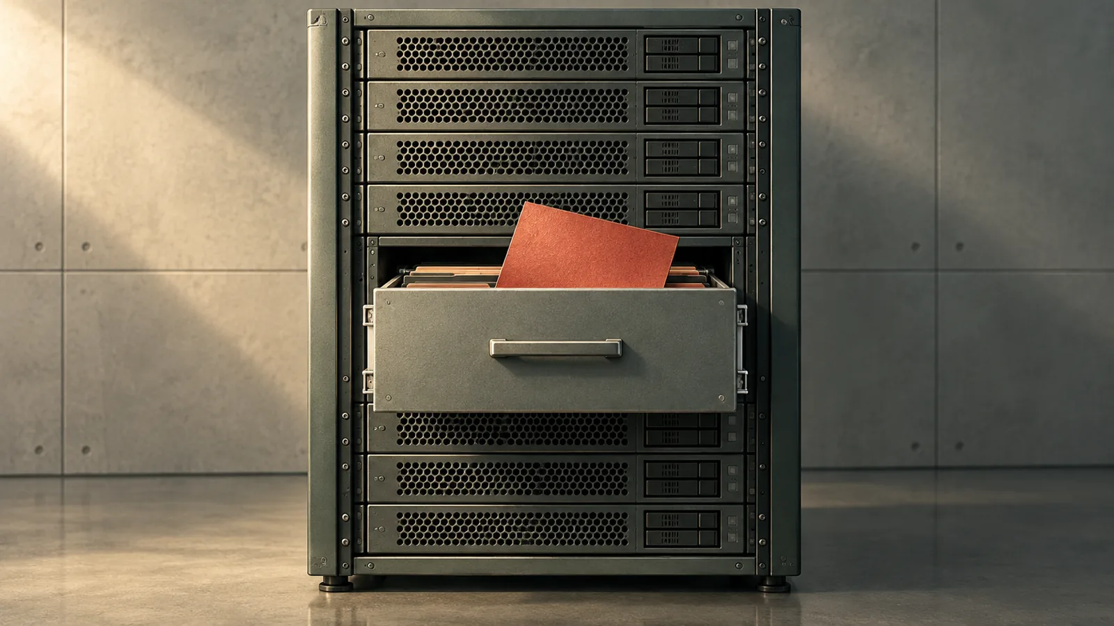 Illustrated file-transfer server with an internal file exposed through an open drawer.