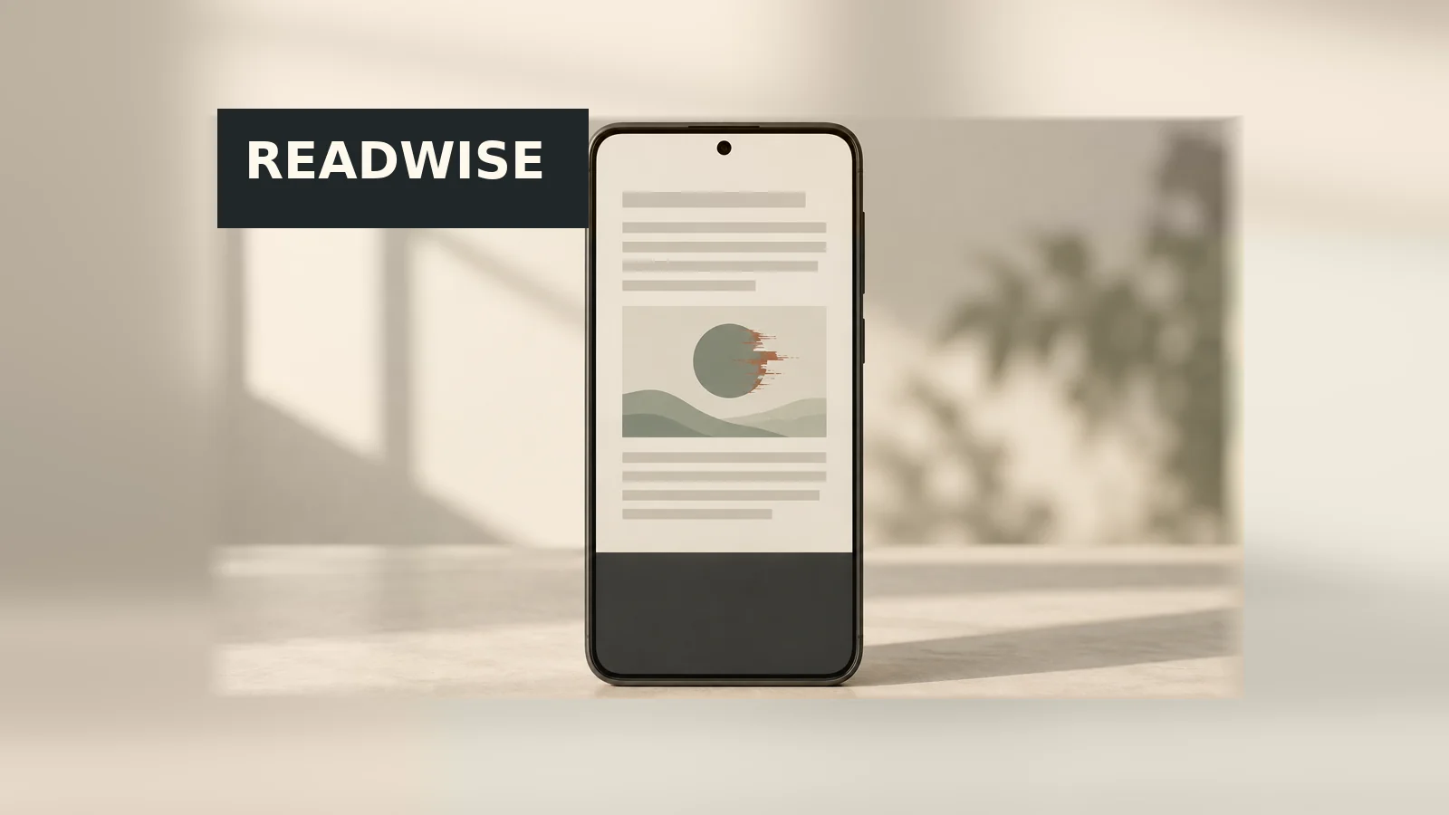 Editorial depiction of an Android phone displaying a saved reading document with a corrupted content block and a Readwise label.