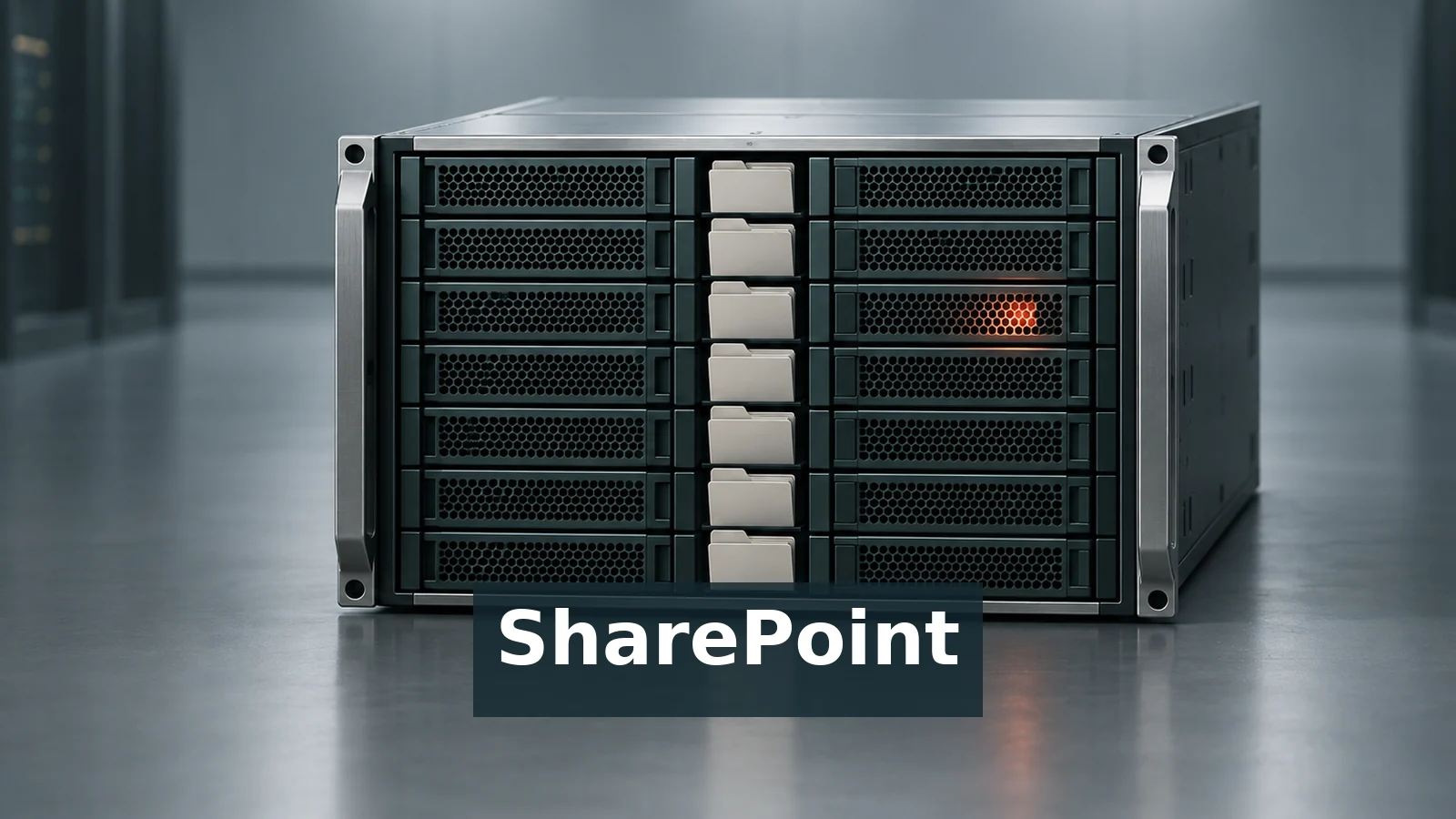Editorial depiction of a SharePoint-labeled on-premises server with a small status glow.