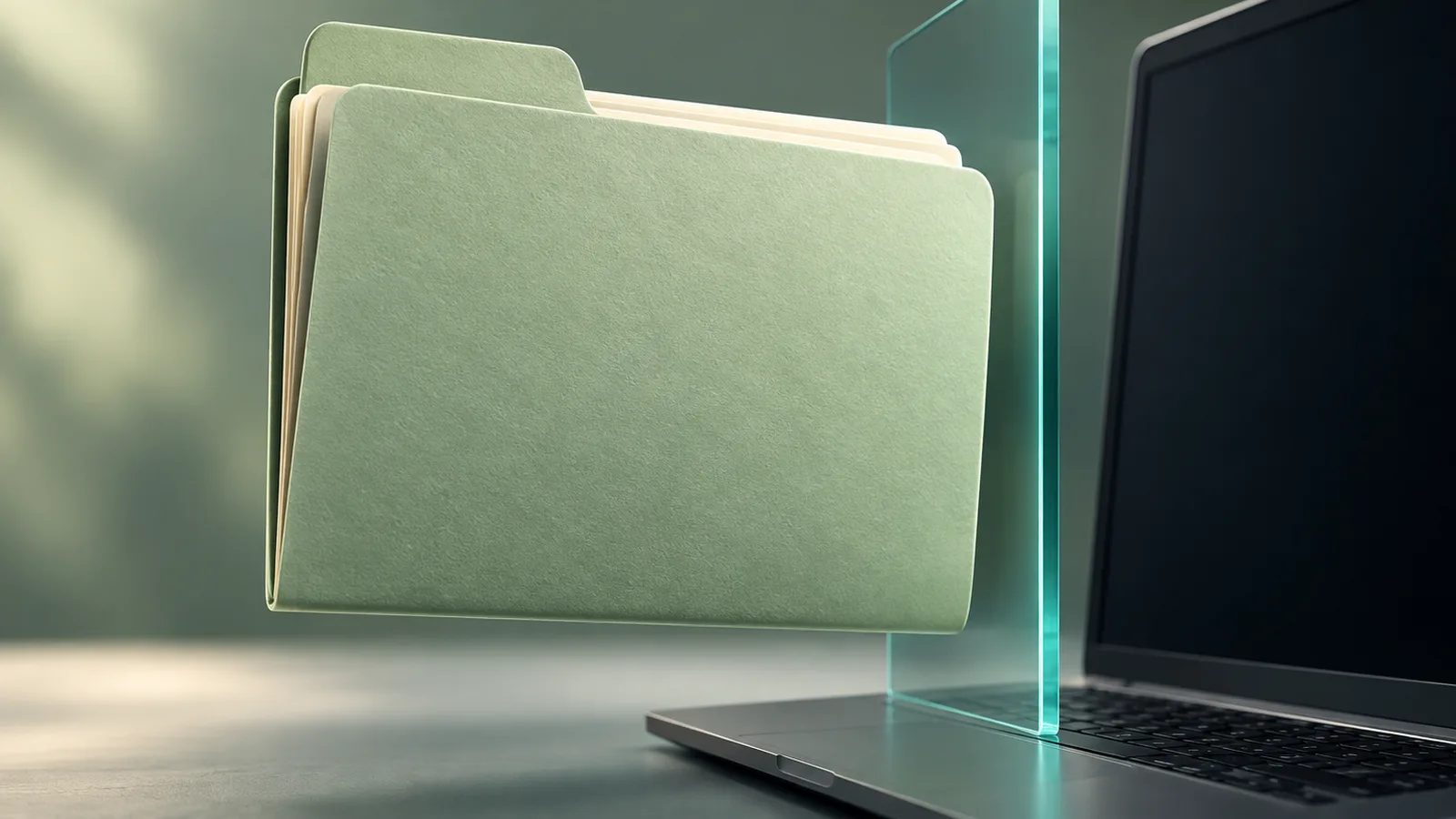 A large document folder pauses at a glass-like boundary beside a laptop screen.