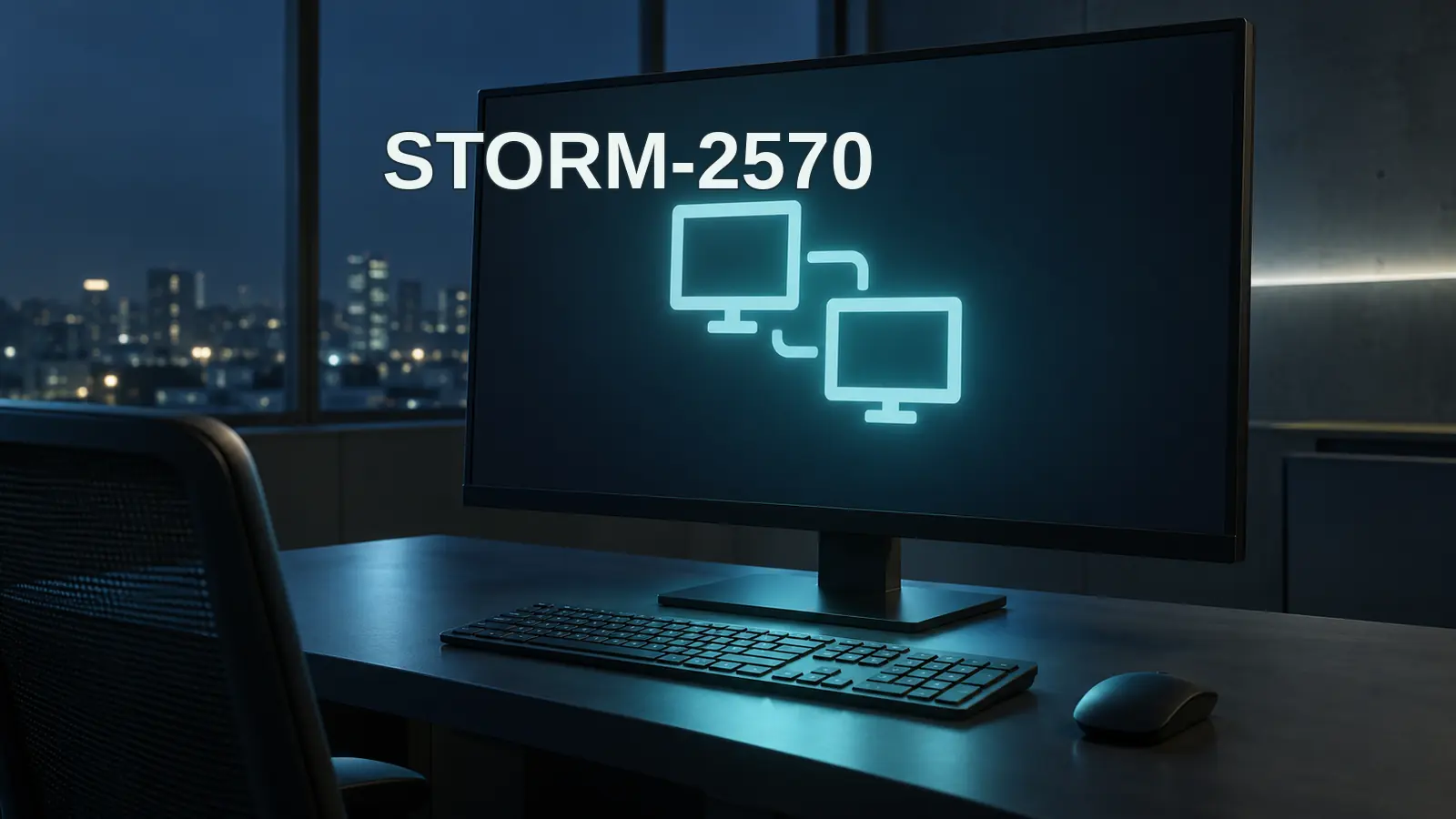 Editorial illustration of a single enterprise workstation under remote administration, representing Storm-2570’s persistent access.