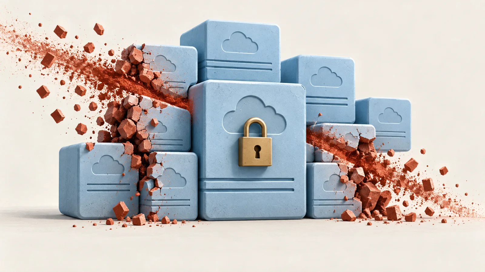Illustrated blue cloud storage blocks breaking apart under a red deletion sweep, with one locked storage block remaining.