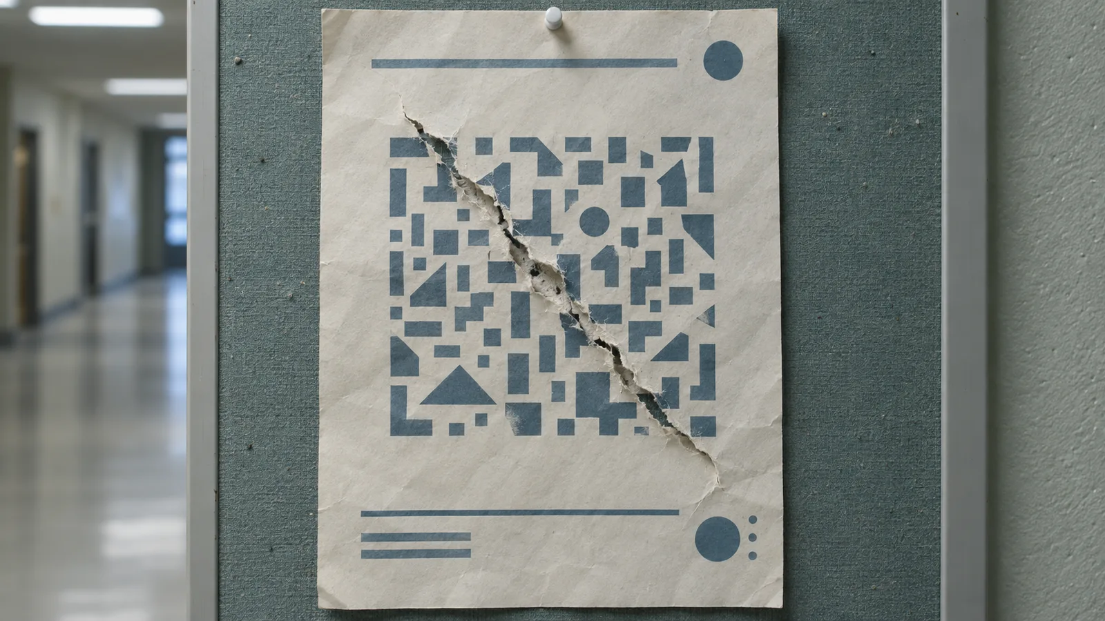 An academic event poster with a torn, unusable QR-like square on a bulletin board; editorial illustration.