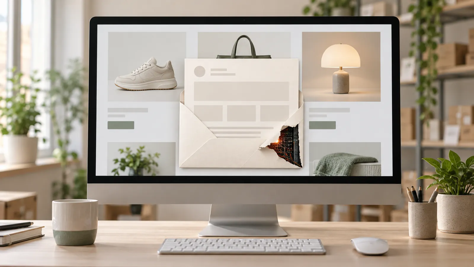 Illustration of an online shop administration display with product tiles and an opened email layout revealing tangled circuitry.