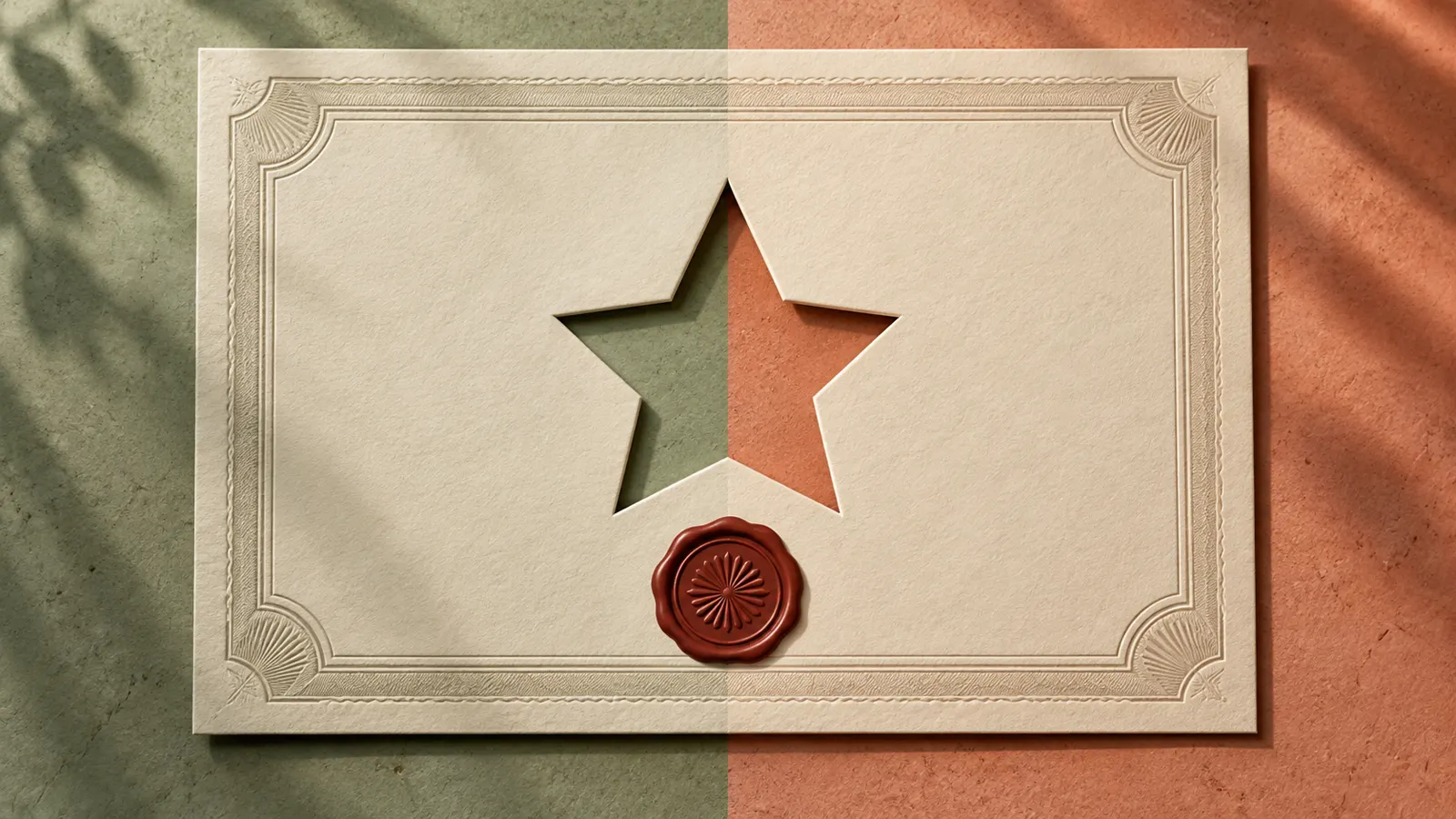 One sealed certificate with a star-shaped cutout under two differently colored pools of light.