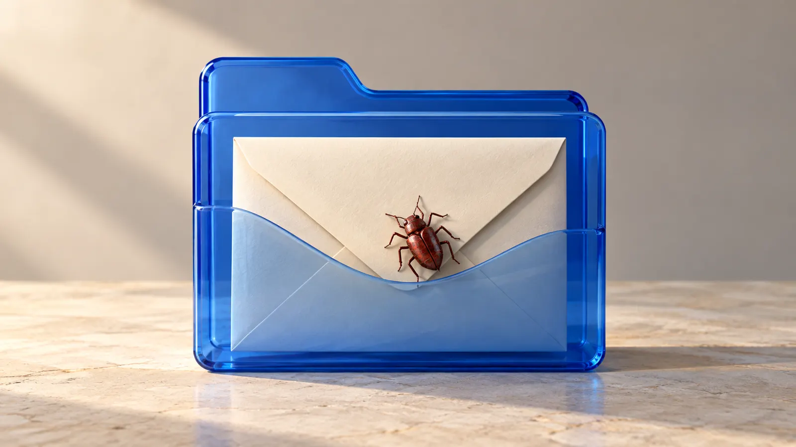 Editorial depiction of an email envelope inside a cloud file folder with a small red implant, representing Antino's Microsoft 365 dead drops.