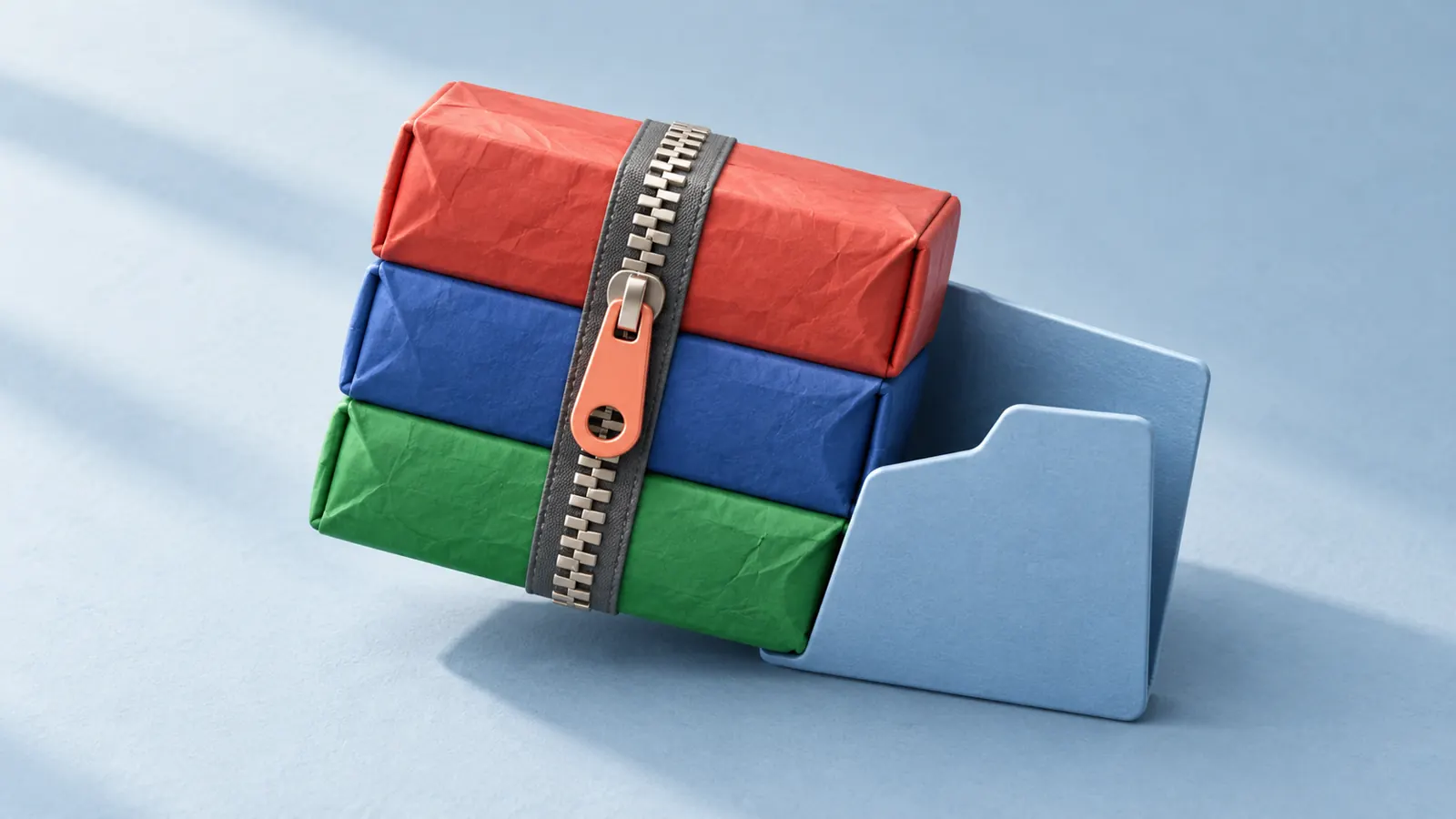Illustration of a compressed archive beside a plain file folder, representing the WinRAR delivery chain.