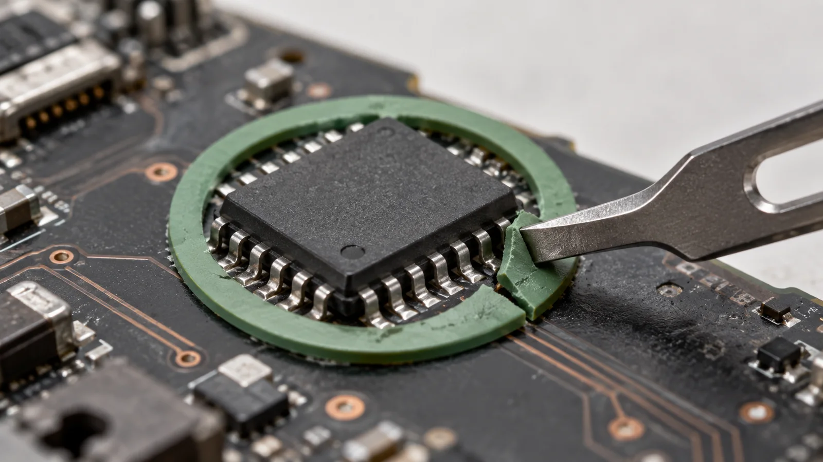 Editorial depiction of a diagnostic key splitting a security seal around a laptop firmware chip.