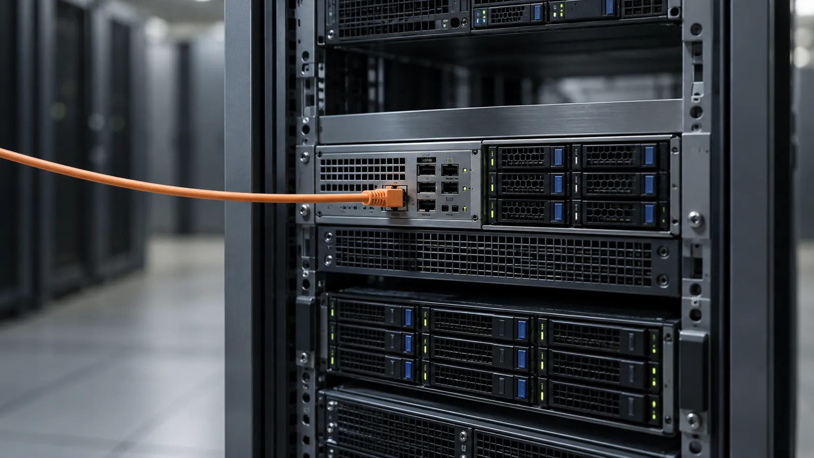 A network cable plugged into a central server rack in a bank data center.