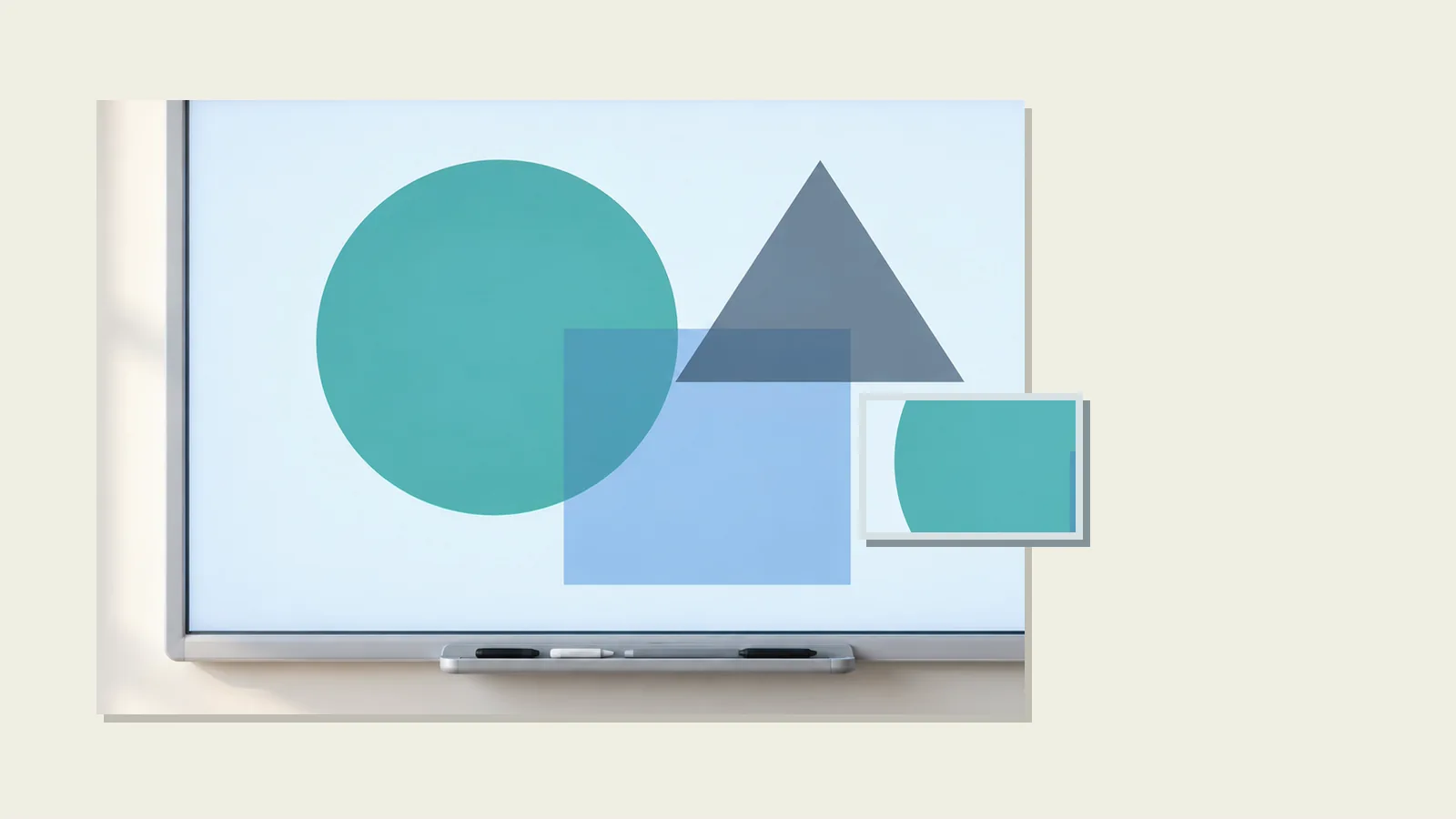 Illustration of a wall-mounted interactive display with an image fragment separating from its screen.