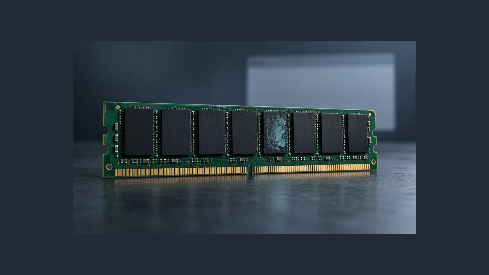 A large RAM module retains a pale electronic trace among dark memory chips.