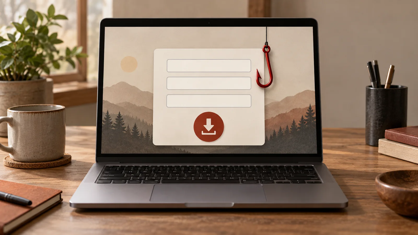 A laptop shows blank VPN download fields with a small phishing hook attached to the form.