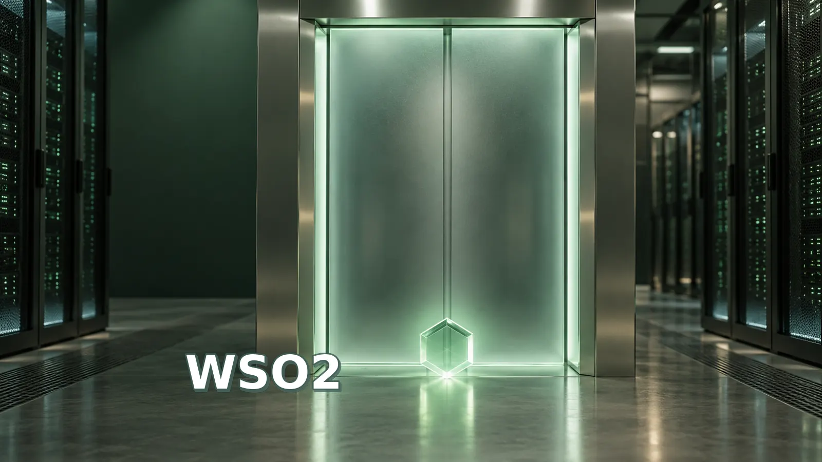 Illustration of an API gateway portal accepting a luminous token in a server aisle, labeled WSO2.