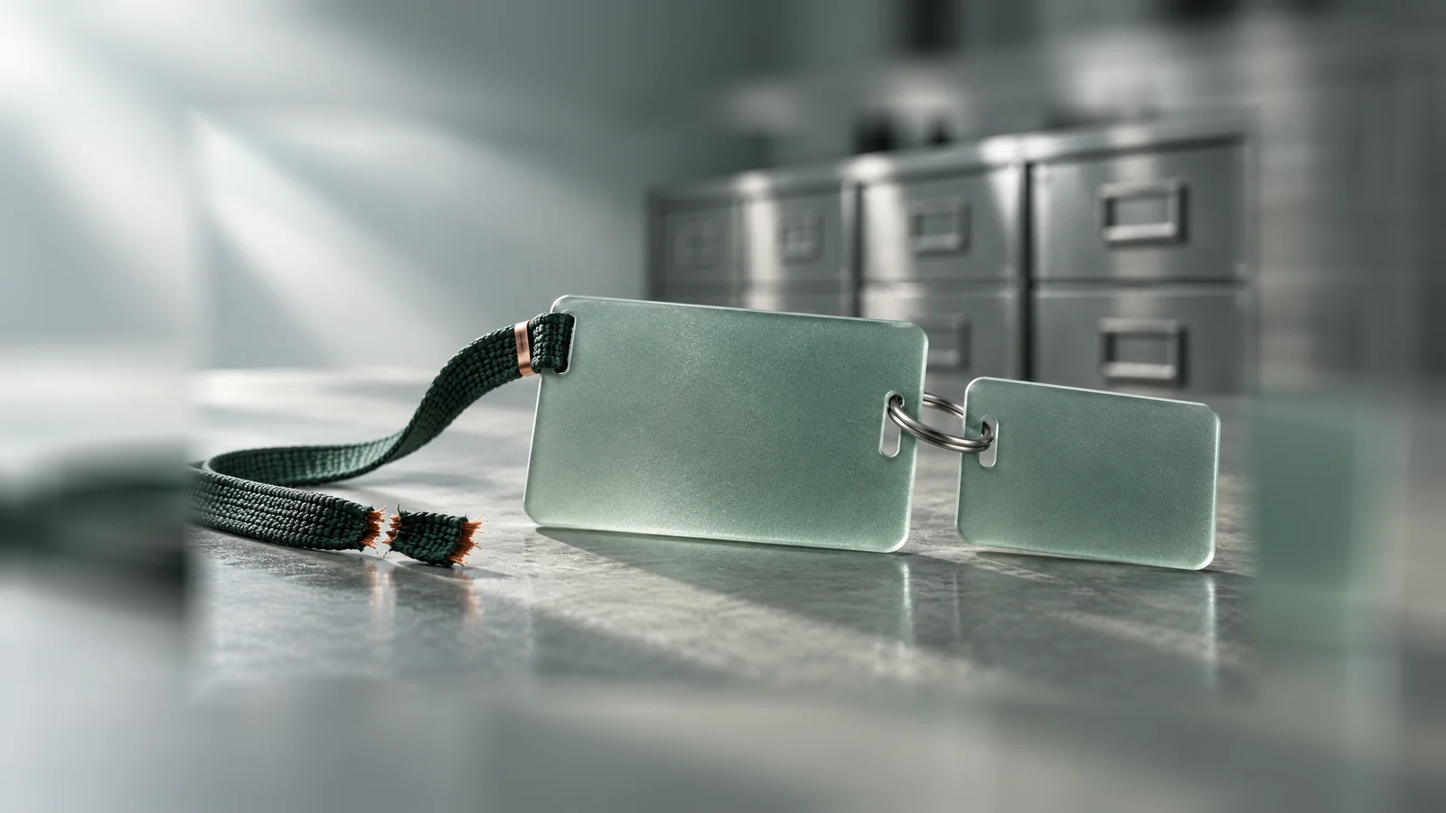 Two sea-glass keycards remain intact beside a cut lanyard, with archive drawers blurred behind them.