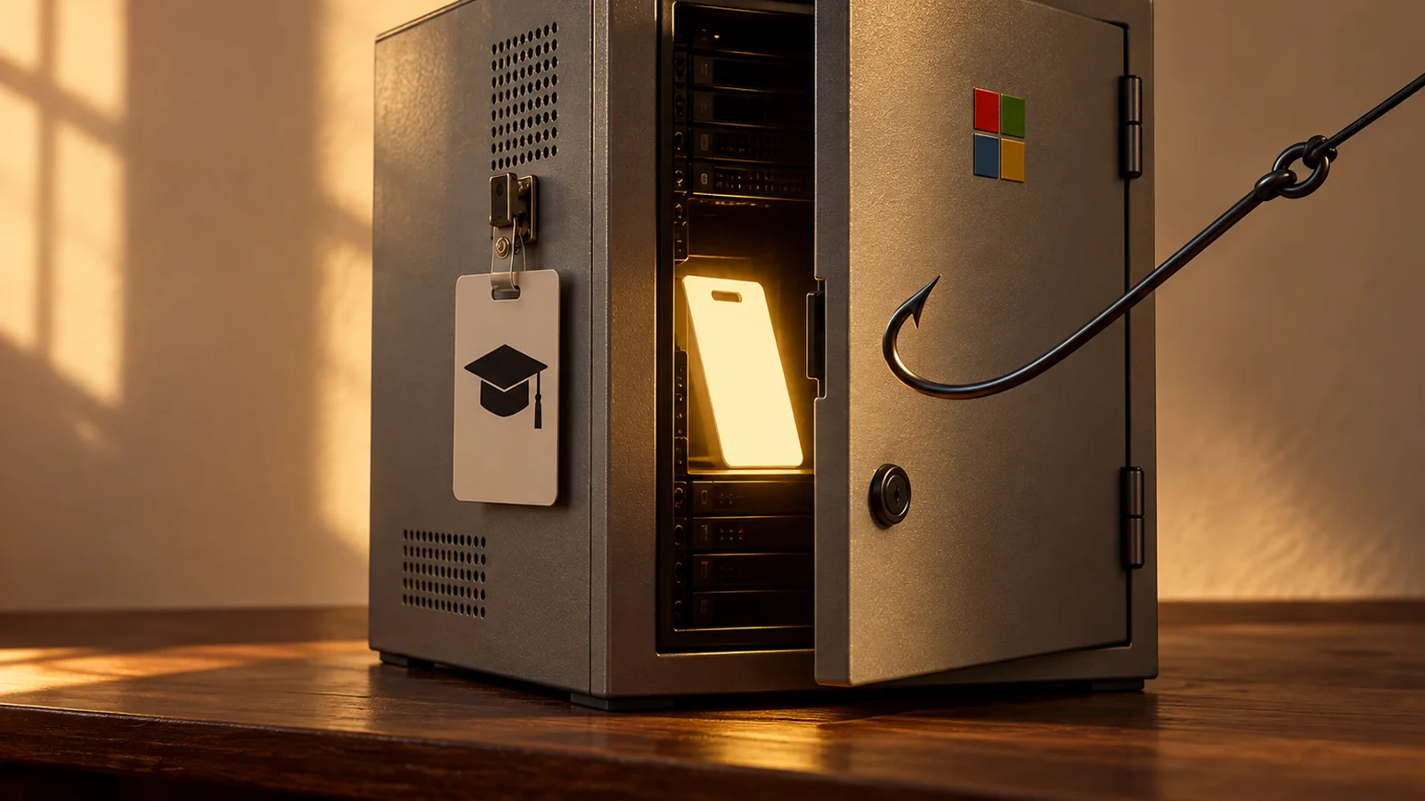An education cloud server cabinet with an exposed access card and a phishing hook reaching toward it.
