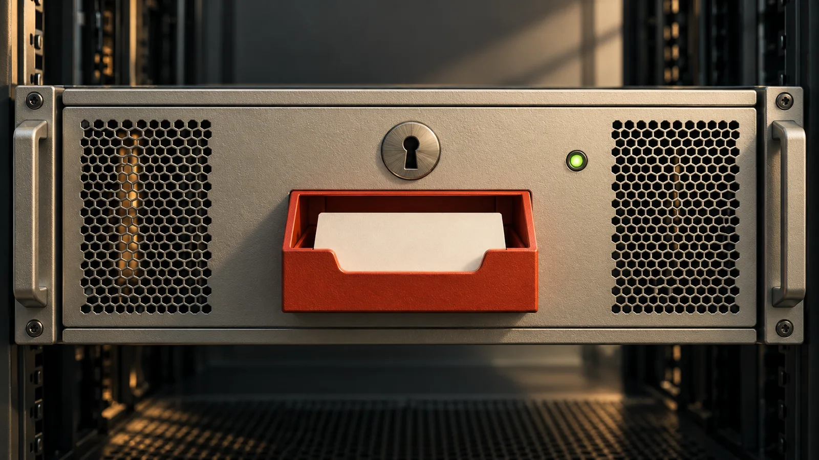 Illustrated rack-mounted helpdesk server with a bright central panel and orange accents.