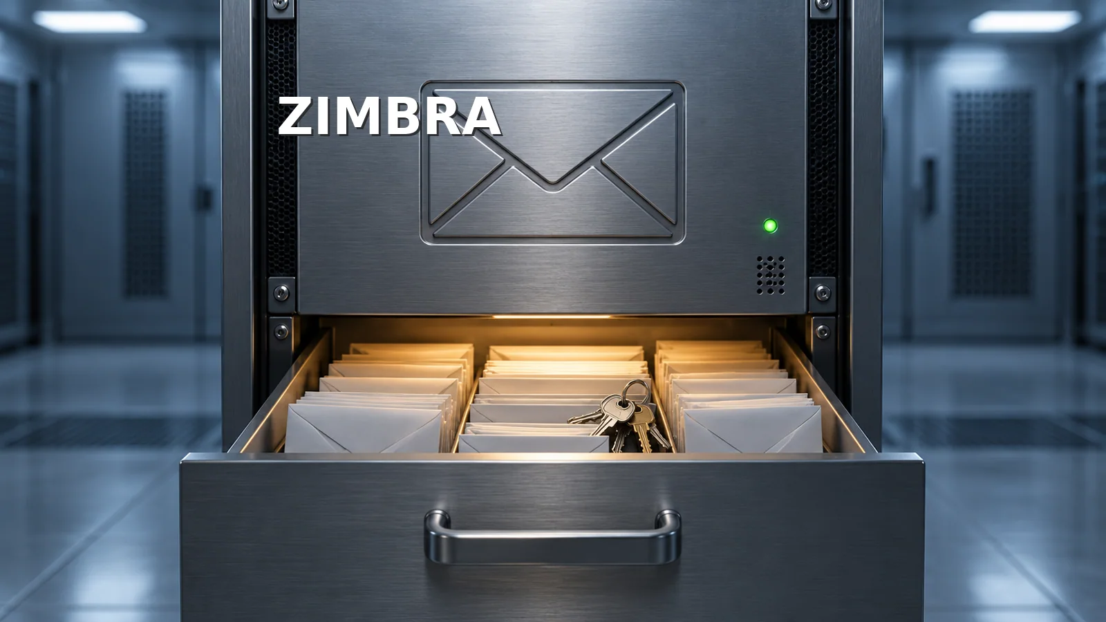 Illustrated on-premises mail server with an envelope emblem and an open mail drawer containing keys.