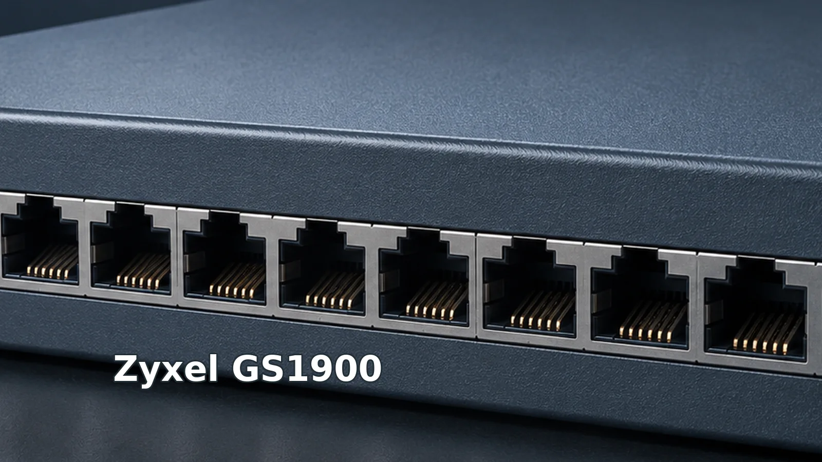 Close illustration of a partial Ethernet switch port row, cropped before either end, with a Zyxel GS1900 story identifier.